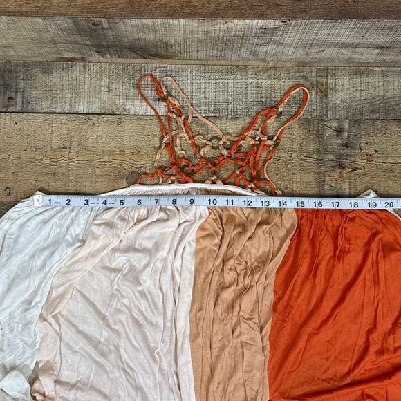 𝅺Free People Macrame Tunic Tank Top Colorblock Orange Tan White Size XS - Picture 10 of 11